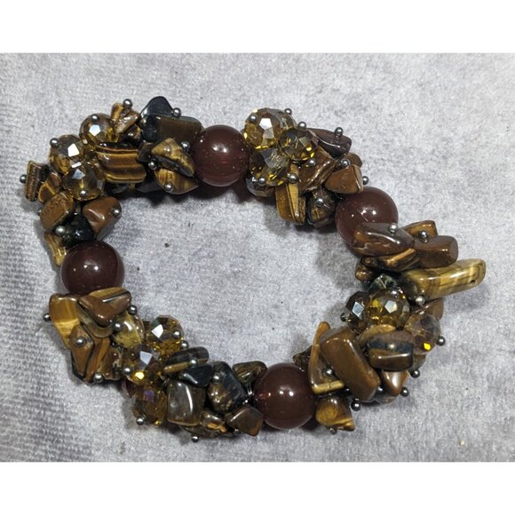 Brown Gemstone Chip Glass Beaded Tiger Eye Stretch Braceket - Picture 3 of 6